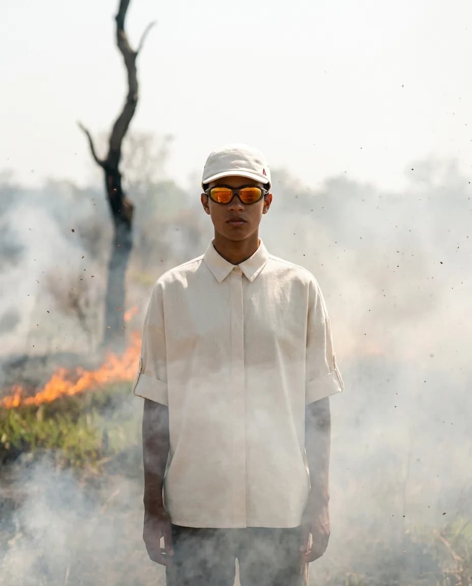 A figure standing against a wall of fire in the Brazilian backlands at night.