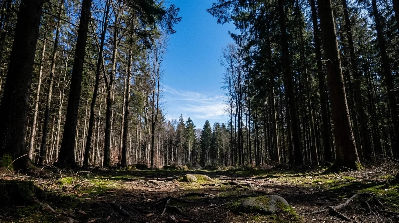 An empty forest clearing in cold light, built for a fight scene that was never used.