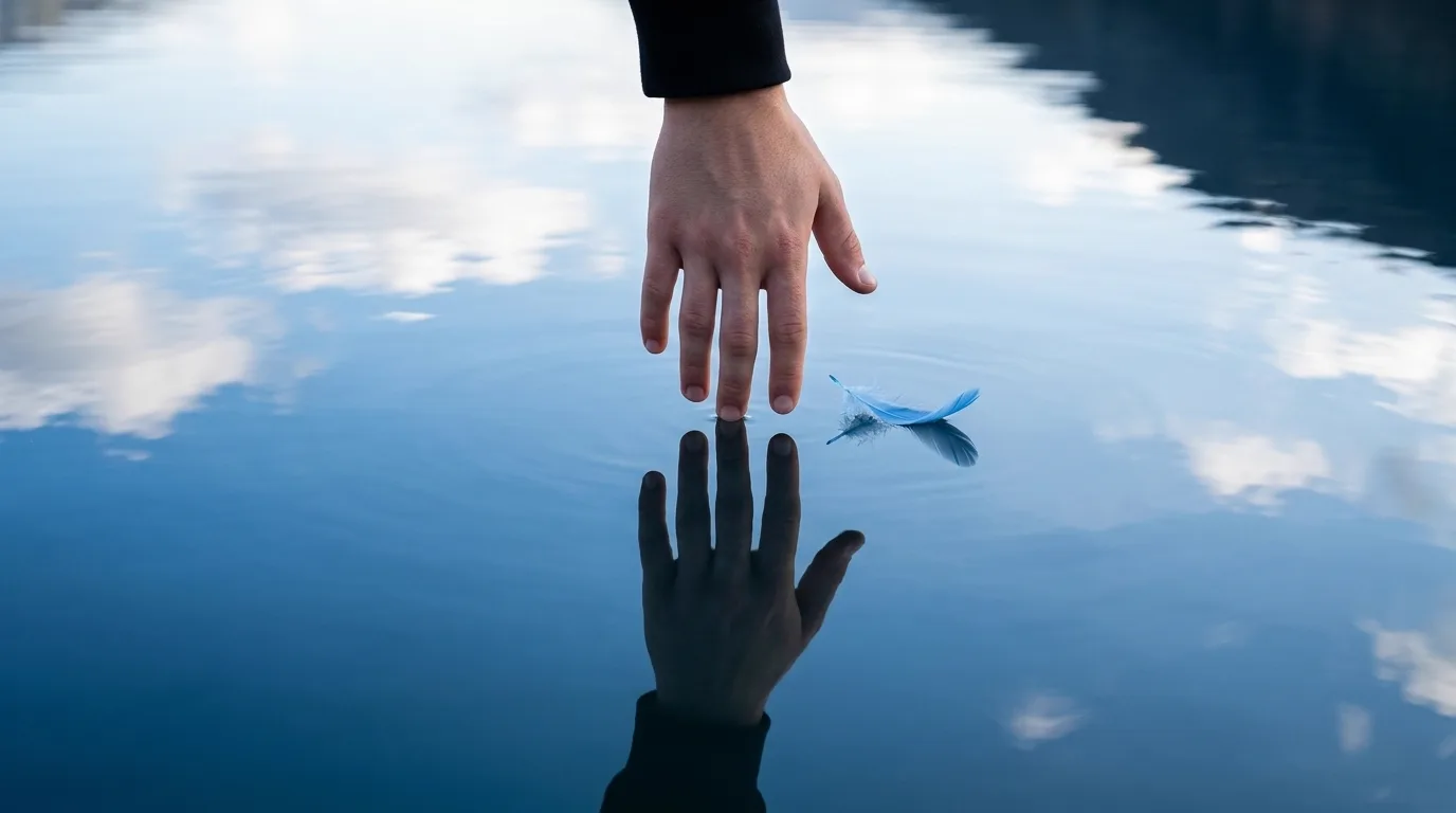 A hand at the waterline meeting its own reflection, a feather resting on the surface beside the fingers, untouched.