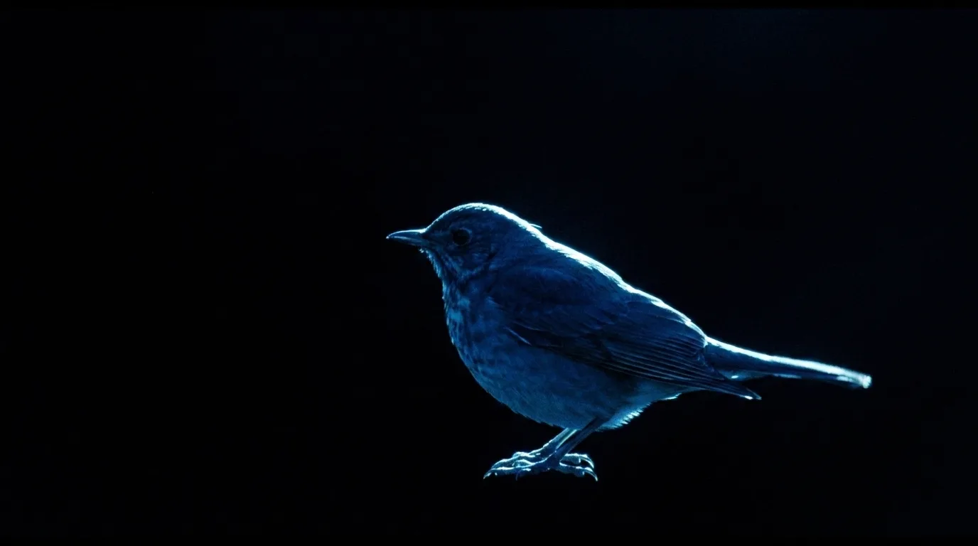A small blue bird perched, rim lit in cold blue against pure black.