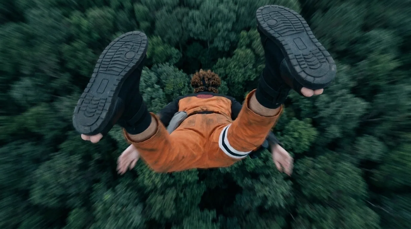 Two boot soles held large and close to the lens, forest canopy rushing up beneath them with radial blur.