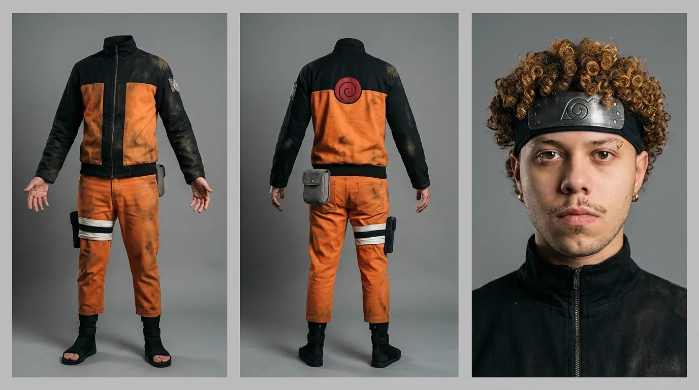 Generated character sheet: the full costume from the front, the same costume from the back, and a frontal portrait with the forehead band.