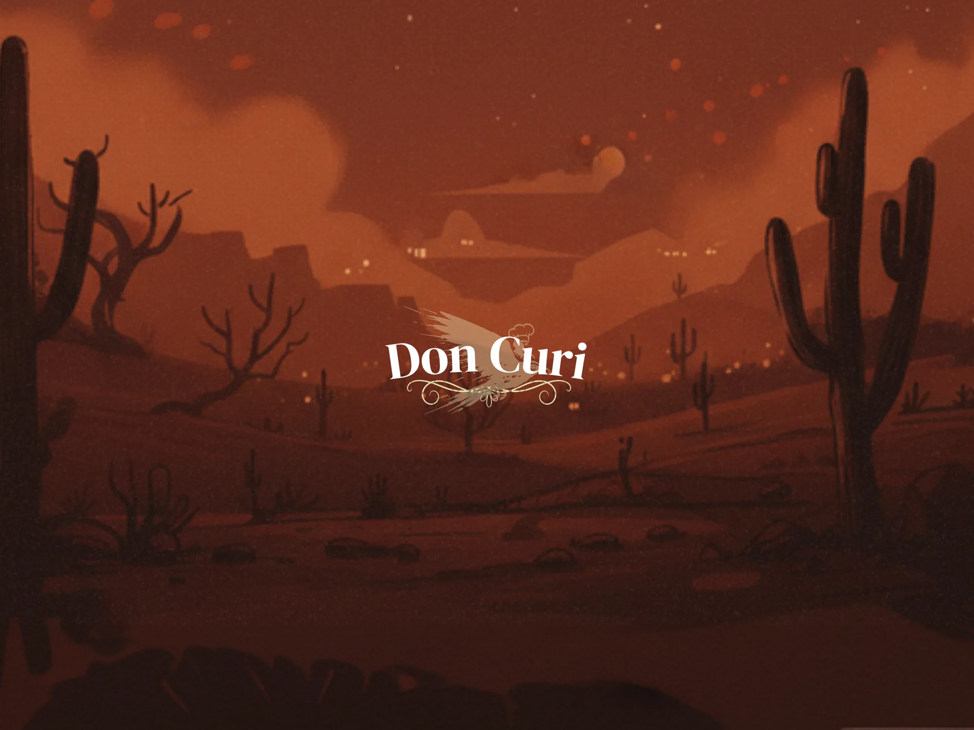 Illustrated rust coloured badlands at dusk, cacti and dead trees in silhouette, a lit town in the far distance, with the Don Curi wordmark and bird at the centre.
