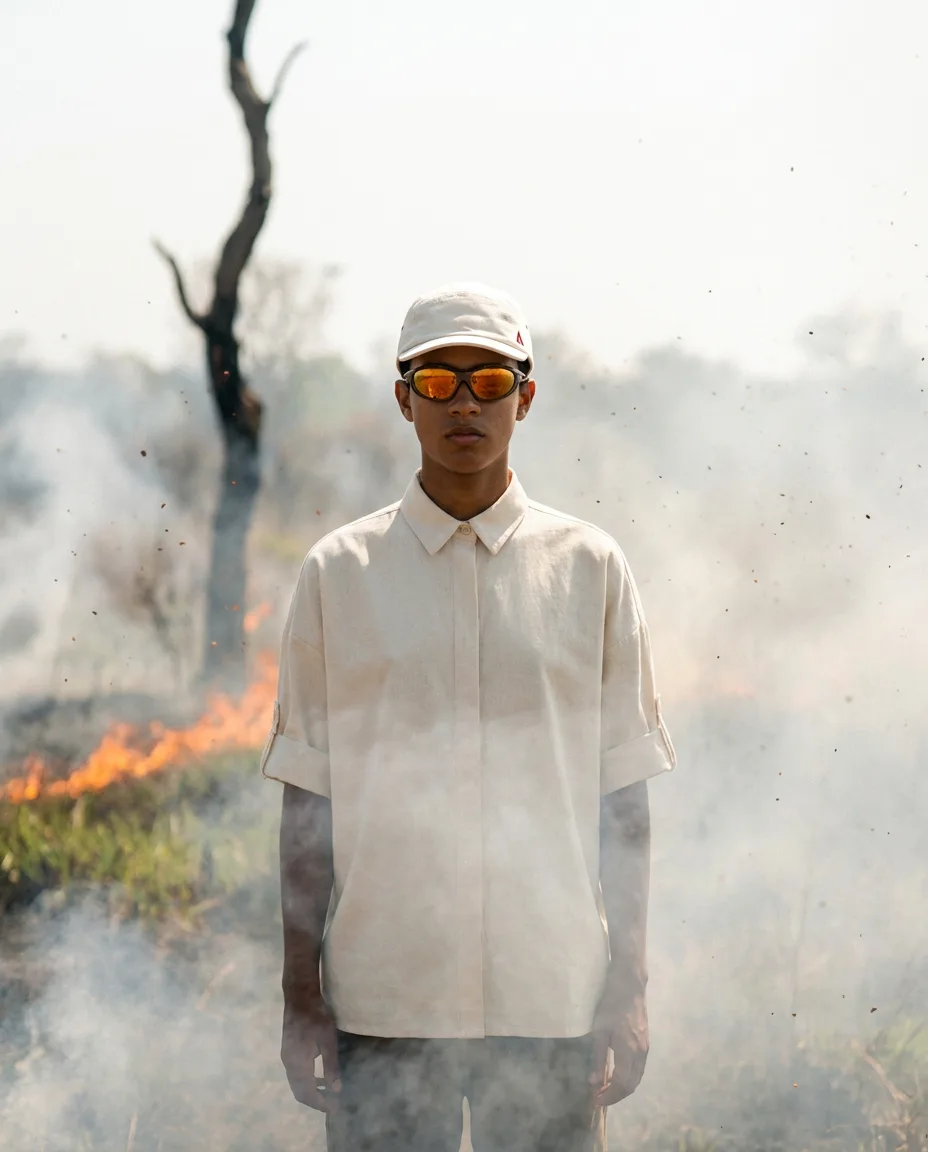 A model in an off-white shirt and cap wearing amber lenses, standing in smoke as a line of fire burns through scrub behind him.