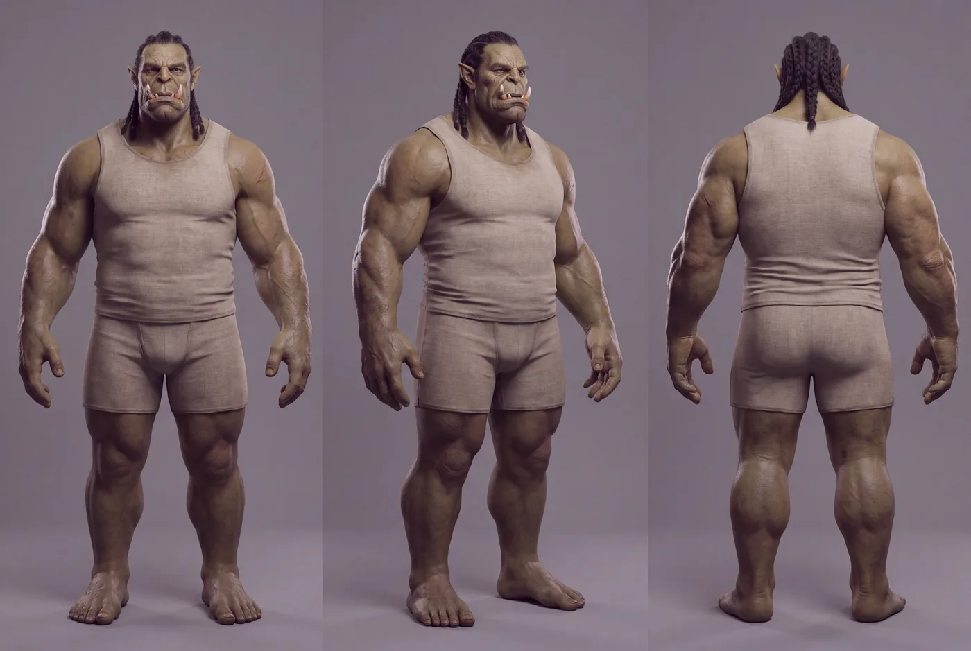 Orc body turnaround at the same fixed camera and height as the elf.